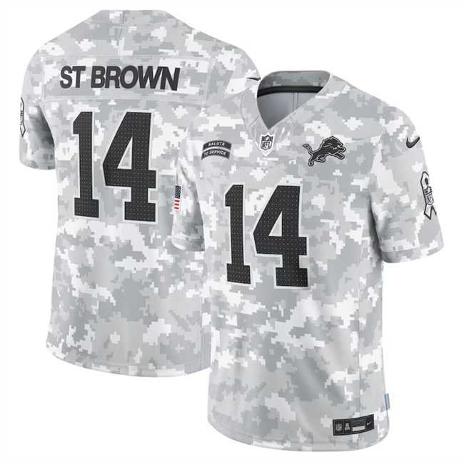 Men%27s Detroit Lions #14 Amon-Ra St. Brown 2024 Arctic Camo Salute To Service Limited Stitched Jersey Dyin